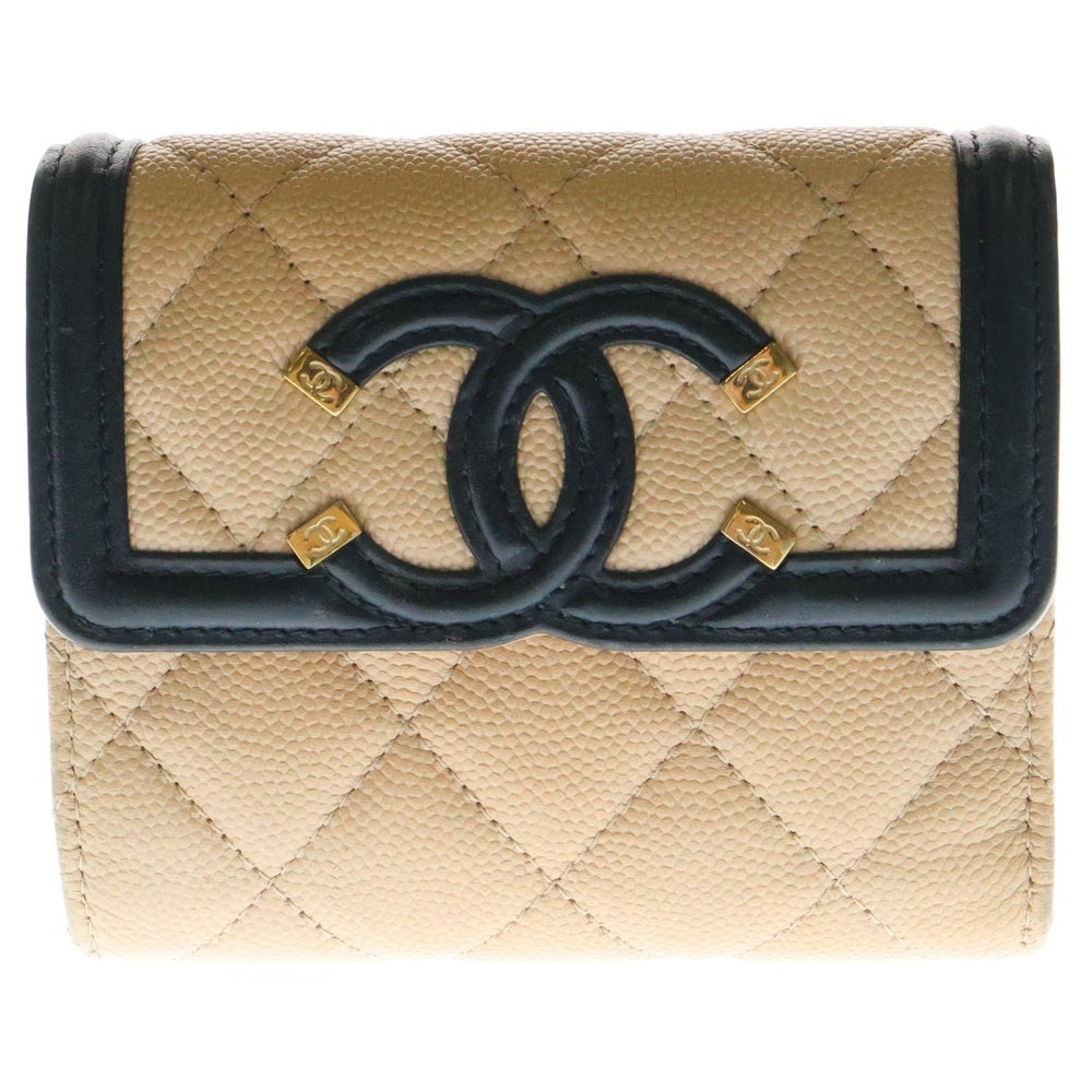 CHANEL(シャネル) CCフィリグリー 三つ折り財布 コンパクトウォレット カードケース ベージュ×ブラウン ゴールド金具 キャビアスキン