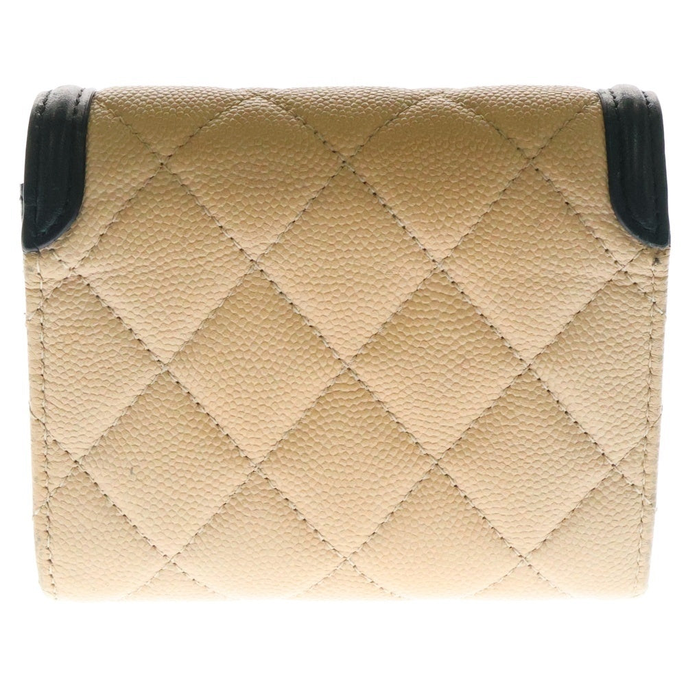CHANEL(シャネル) CCフィリグリー 三つ折り財布 コンパクトウォレット カードケース ベージュ×ブラウン ゴールド金具 キャビアスキン