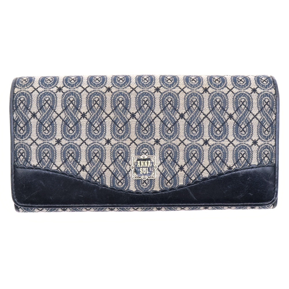 ANA SUI(アナスイ) ロングウォレット 長財布 カードケース ブラック×ベージュ レザー×キャンバス シルバー金具 レディース