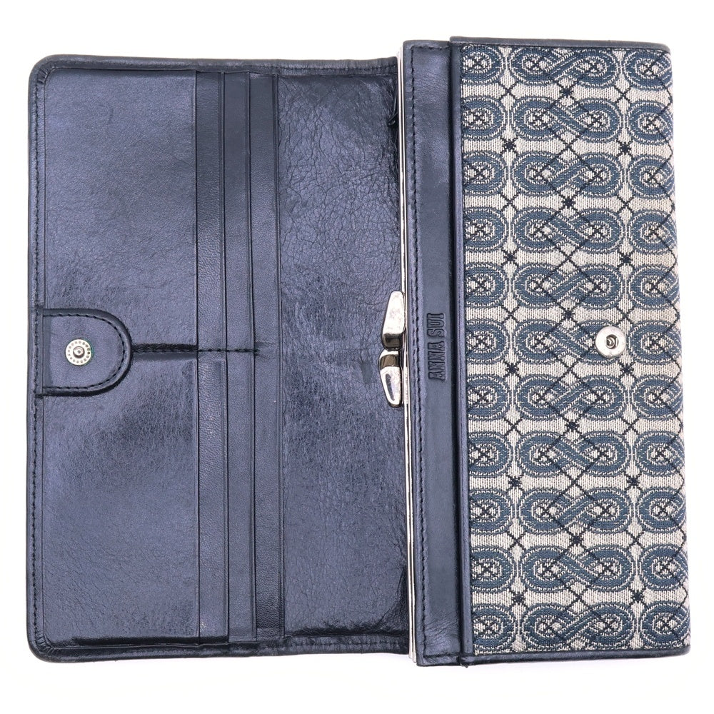 ANA SUI(アナスイ) ロングウォレット 長財布 カードケース ブラック×ベージュ レザー×キャンバス シルバー金具