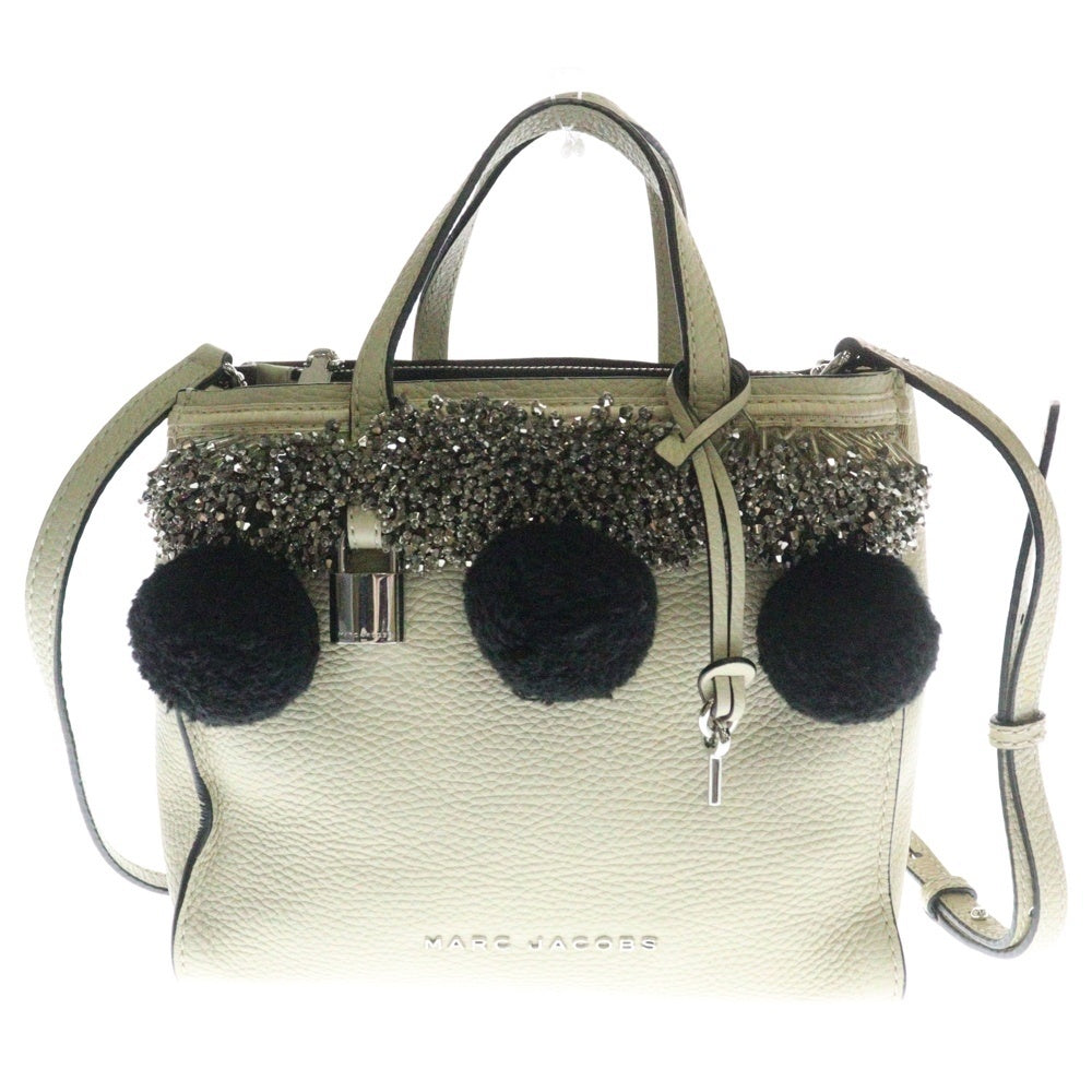 MARC JACOBS(マークジェイコブス) ビーズ装飾 パドロック ロゴプレート レザー 2WAY ハンド ショルダーバッグ シルバー金具 アイボリー/ブラック レディース