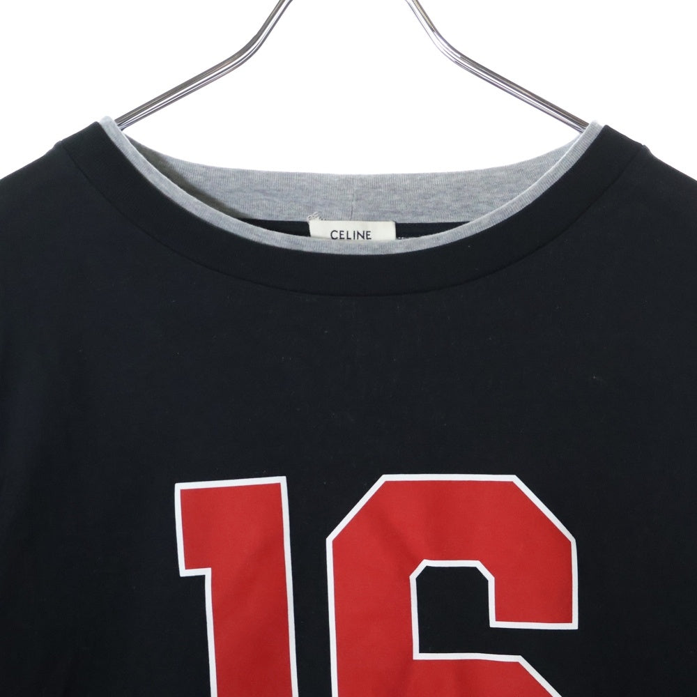 CELINE(セリーヌ) 23SS エディ期 16 Skater Tee レイヤードデザイン ナンバリングロゴプリント ロングスリーブ 長袖Tシャツ カットソー ブラック/グレー 2X87E671Q