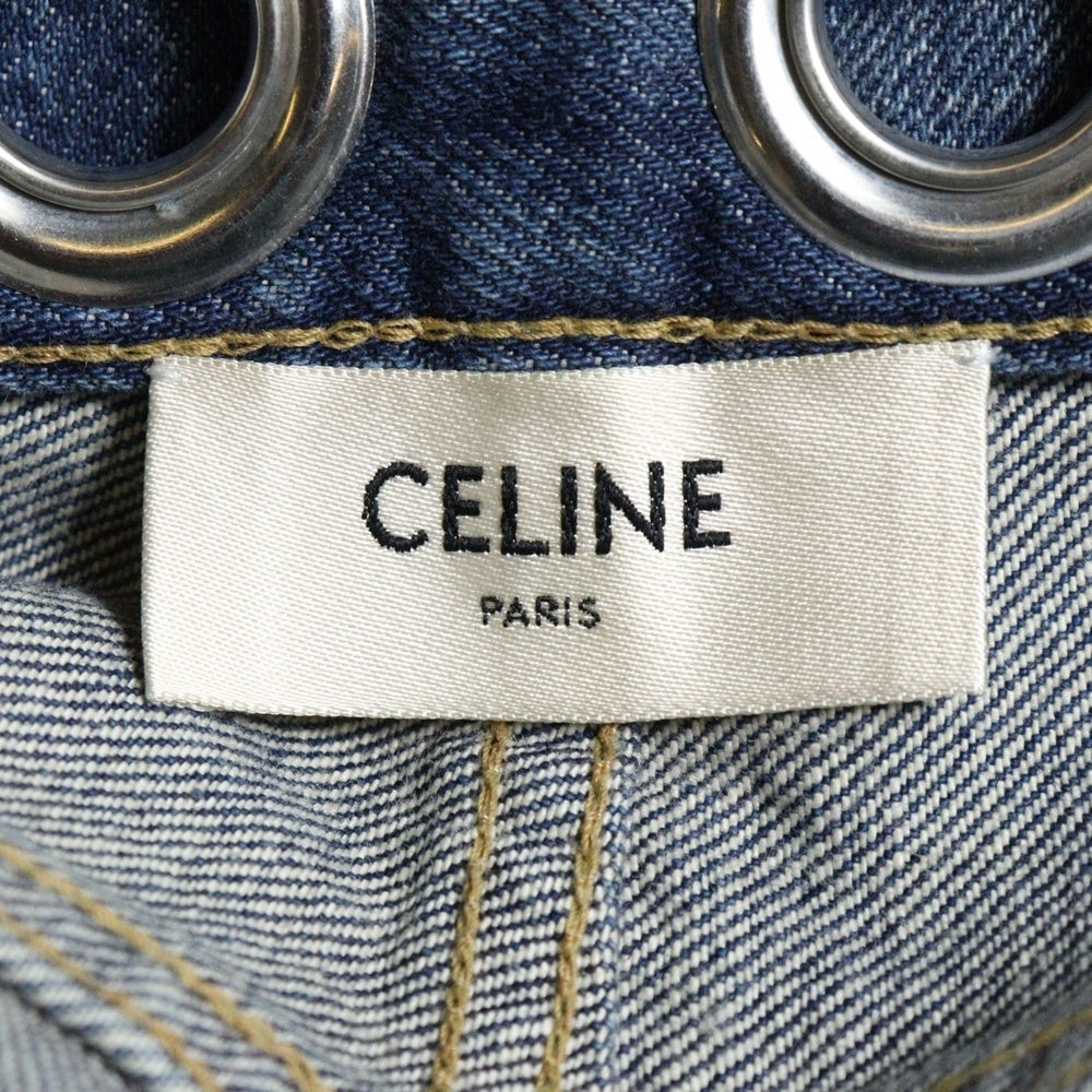 CELINE(セリーヌ) 22SS ユーズド加工 アイレット ハトメ ミドルライズ フレア ワイド サーフ デニムパンツ ジーンズ インディゴ