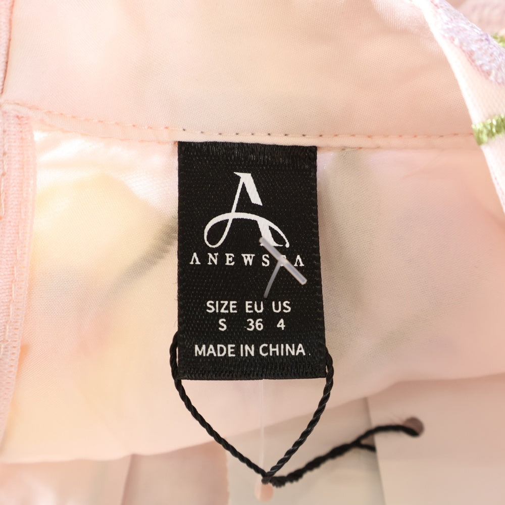 NO BRAND(ノーブランド) ANEWSTA フラワー刺繍 総柄 モックネック パフスリーブ レイヤード ミディアムワンピース ドレス ピンク レディース