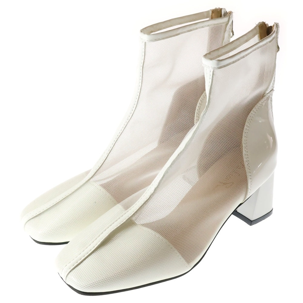 NO BRAND(ノーブランド) パテント フェイクレザー メッシュ切り替え シースルー ヒール ショートブーツ シューズ ホワイト レディース