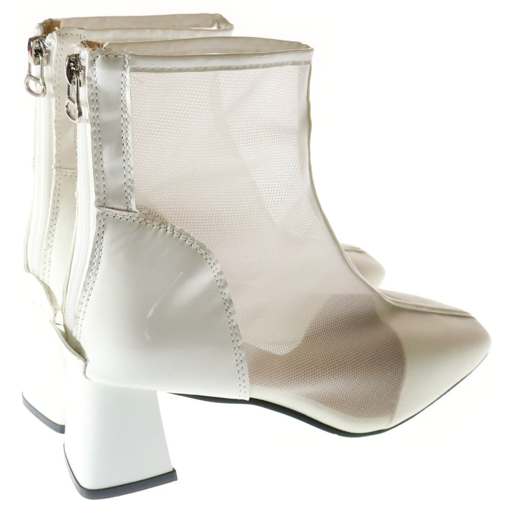 NO BRAND(ノーブランド) パテント フェイクレザー メッシュ切り替え シースルー ヒール ショートブーツ シューズ ホワイト レディース
