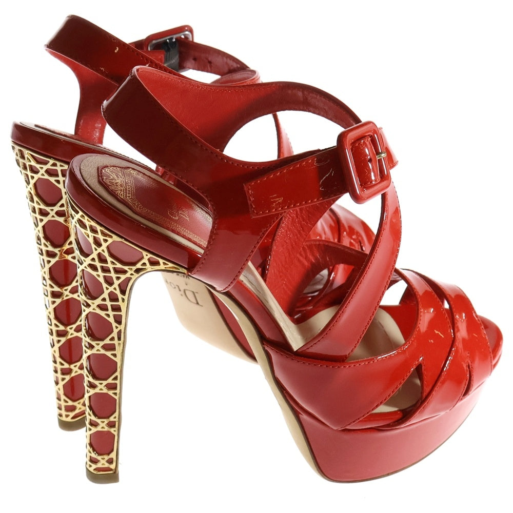 Christian Dior(クリスチャンディオール) カナージュ パテントレザー ハイヒール ストラップ オープントゥ パンプス レッド/ゴールド レディース KDE378VNI