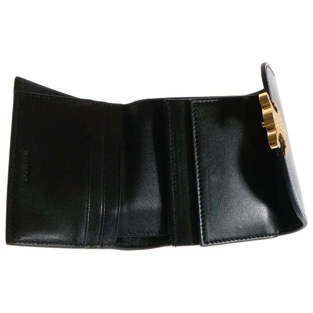 CELINE(セリーヌ) トリオンフ ロゴプレート スモールフラップ レザー コンパクトウォレット 三つ折り財布 ゴールド金具 ブラック