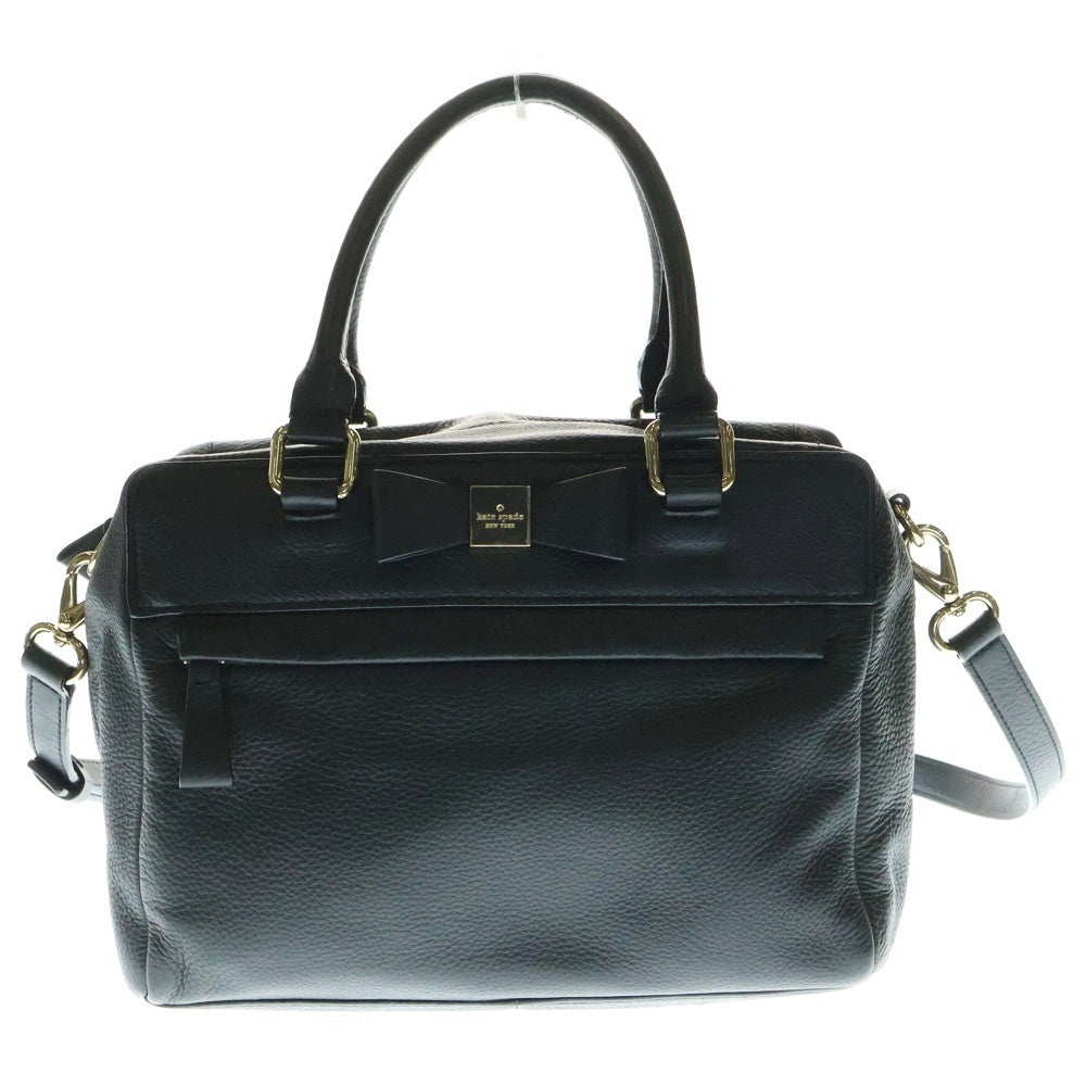 Kate Spade(ケイトスペード) ロゴプレート リボン レザー 2WAY ハンド ショルダーバッグ ゴールド金具 ブラック レディース 〇