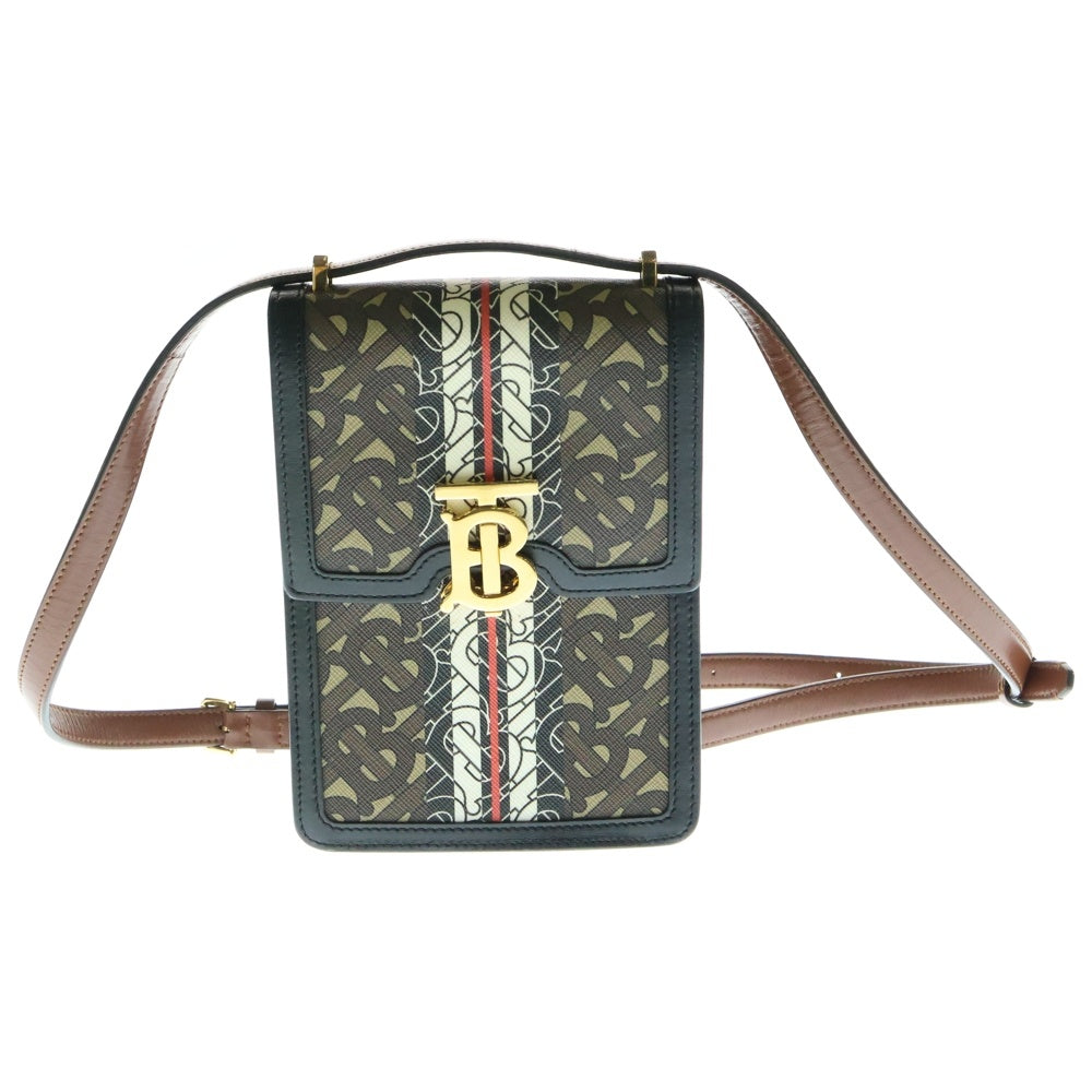 BURBERRY(バーバリー) TBロゴプレート ロビン モノグラムストライプ PVC レザー ショルダーバッグ ポーチ ポシェット ゴールド金具 ブラック/ブラウン