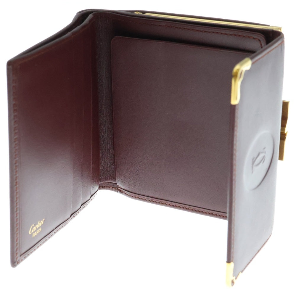 Cartier(カルティエ) エンボスロゴ カーフレザー がま口 コンパクトウォレット 二つ折り財布 ゴールド金具 ボルドー 〇