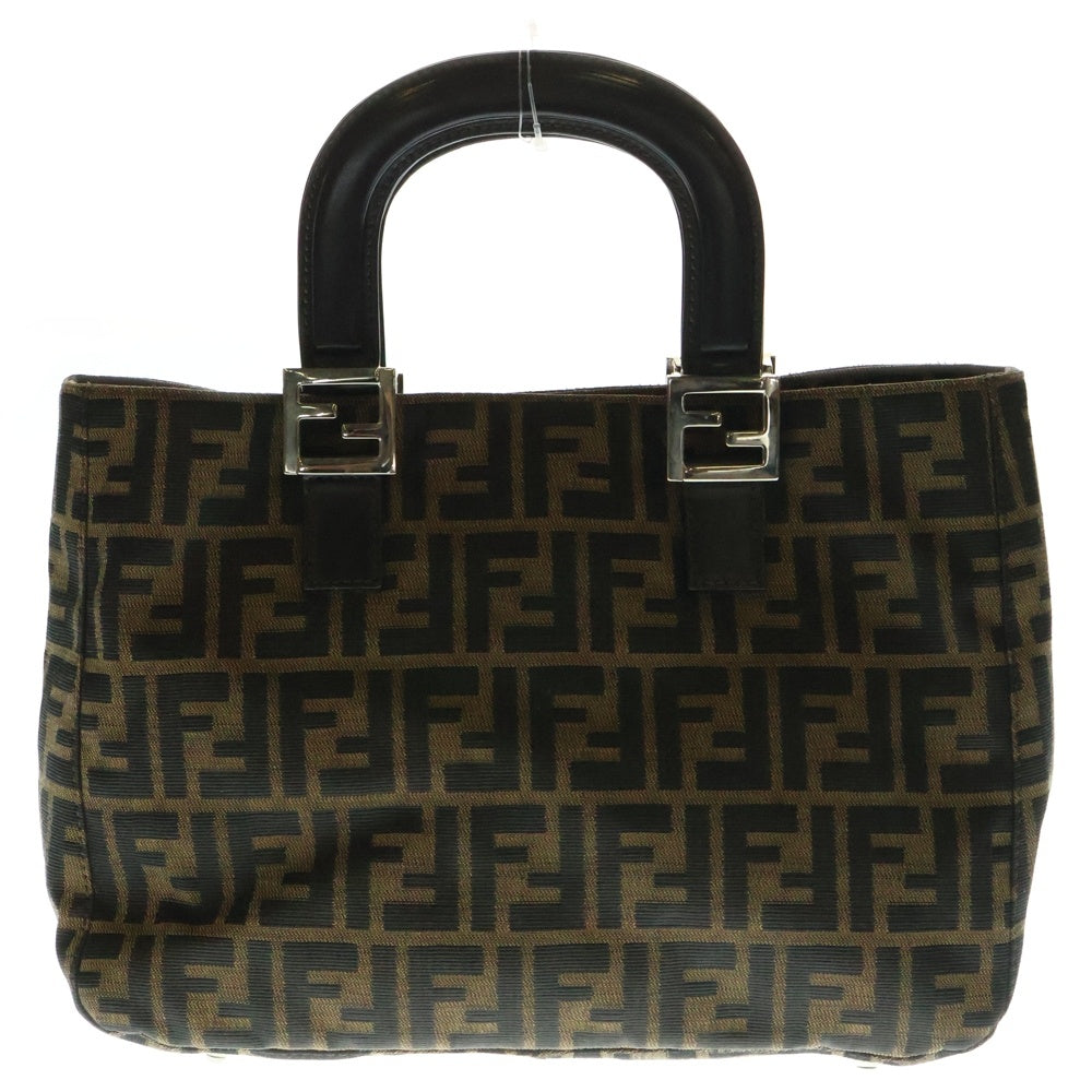 FENDI(フェンディ) ズッカ総柄 FFロゴプレート キャンバス レザー ハンド トートバッグ シルバー金具 ブラウン