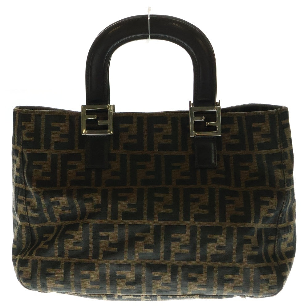 FENDI(フェンディ) ズッカ総柄 FFロゴプレート キャンバス レザー ハンド トートバッグ シルバー金具 ブラウン