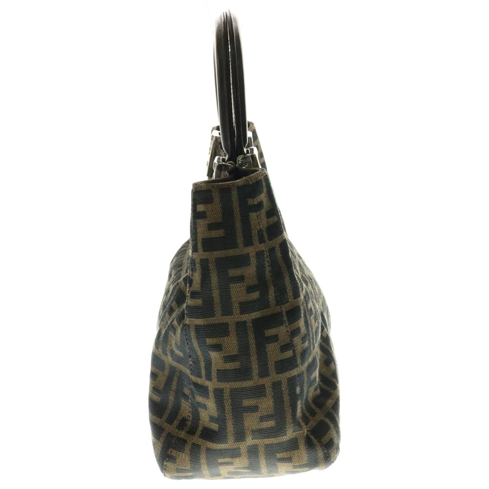 FENDI(フェンディ) ズッカ総柄 FFロゴプレート キャンバス レザー ハンド トートバッグ シルバー金具 ブラウン