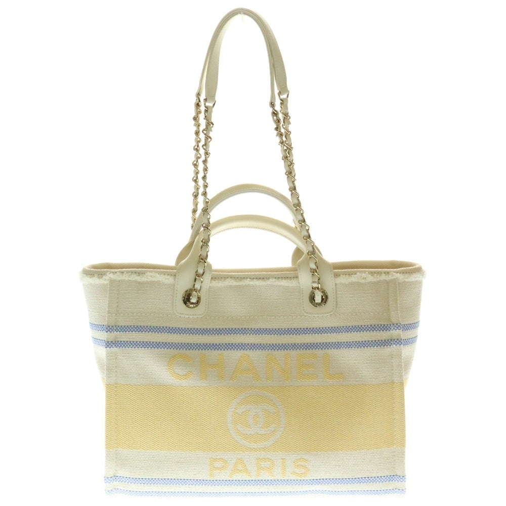 CHANEL(シャネル) ココマーク ドーヴィルGM 2WAY レザー切替キャンバスハンドバッグ チェーンショルダーバッグ アイボリー レディース