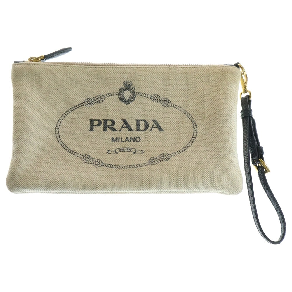 PRADA(プラダ) カナパ ロゴ ポーチ 小物入れ セカンドバッグ ゴールド金具 アイボリー キャンバス×レザー 1NH018