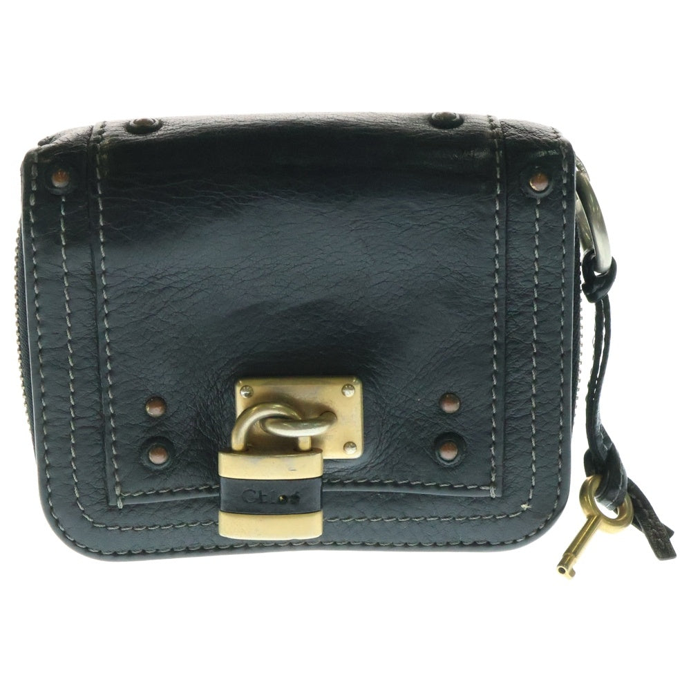 Chloe(クロエ) パディントン パドロック レザー コンパクトウォレット ラウンドジップ 二つ折り財布 ゴールド金具 ブラック