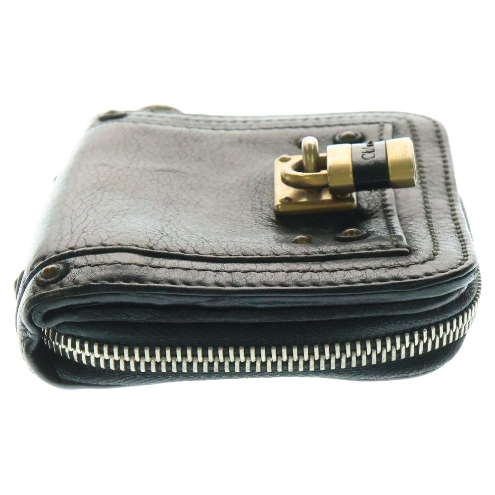 Chloe(クロエ) パディントン パドロック レザー コンパクトウォレット ラウンドジップ 二つ折り財布 ゴールド金具 ブラック
