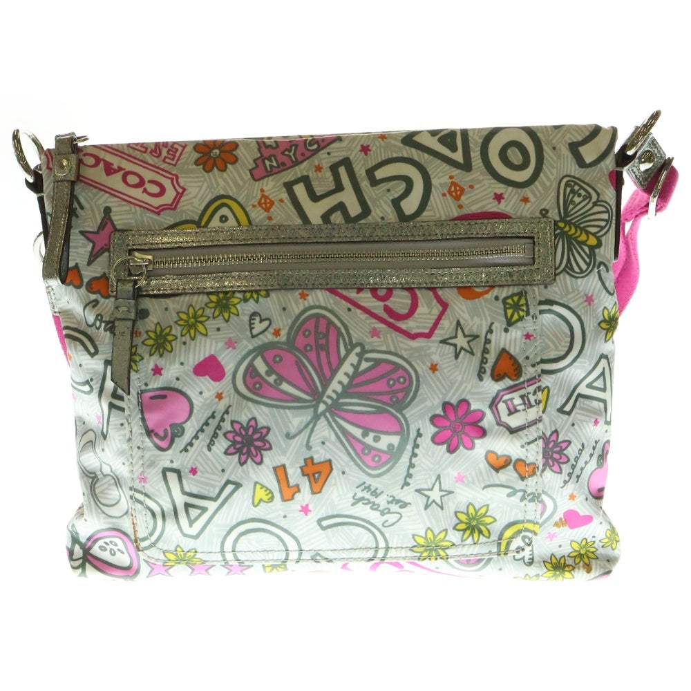 COACH(コーチ) ポピーグラフィー ロゴ 総柄プリント ナイロン レザー ショルダーバッグ シルバー金具 ピンク/グレー レディース F16615 〇