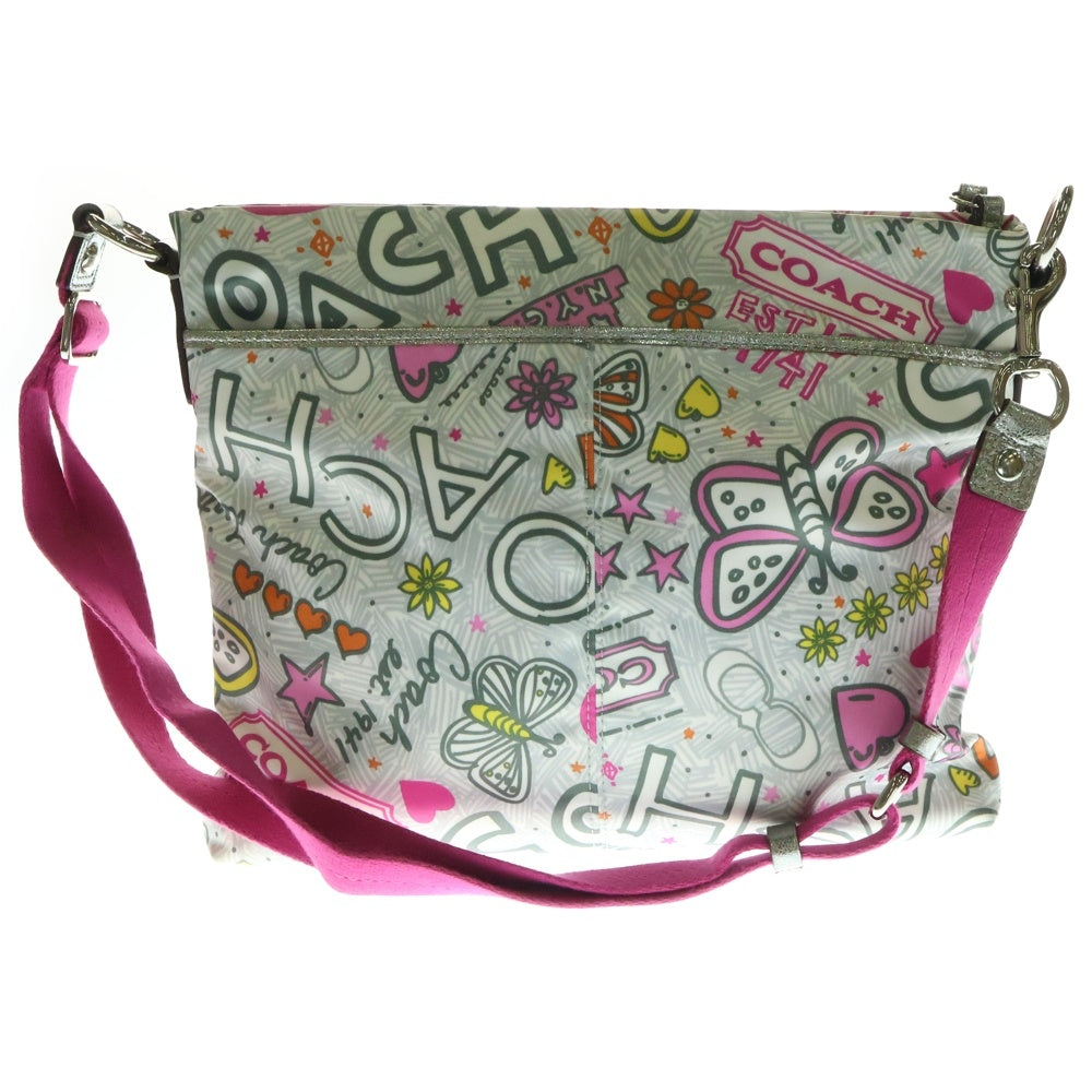 COACH(コーチ) ポピーグラフィー ロゴ 総柄プリント ナイロン レザー ショルダーバッグ シルバー金具 ピンク/グレー レディース F16615 〇