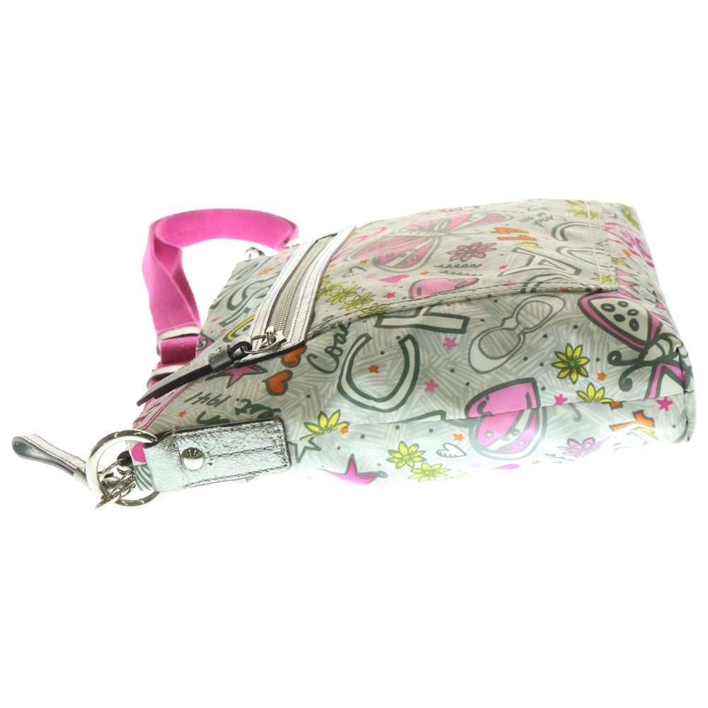 COACH(コーチ) ポピーグラフィー ロゴ 総柄プリント ナイロン レザー ショルダーバッグ シルバー金具 ピンク/グレー レディース F16615 〇