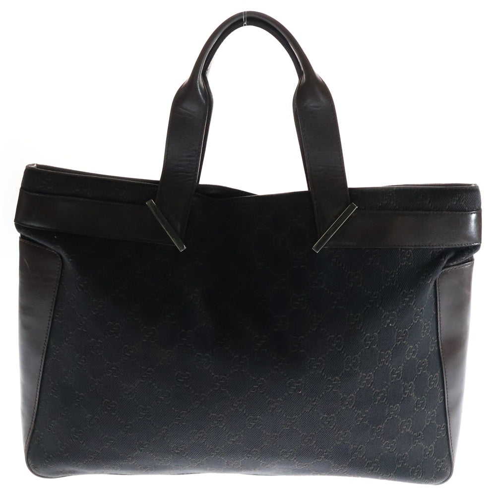 GUCCI(グッチ) GGキャンバス レザー ロゴプレート ハンド トートバッグ シルバー金具 ブラウン 73982