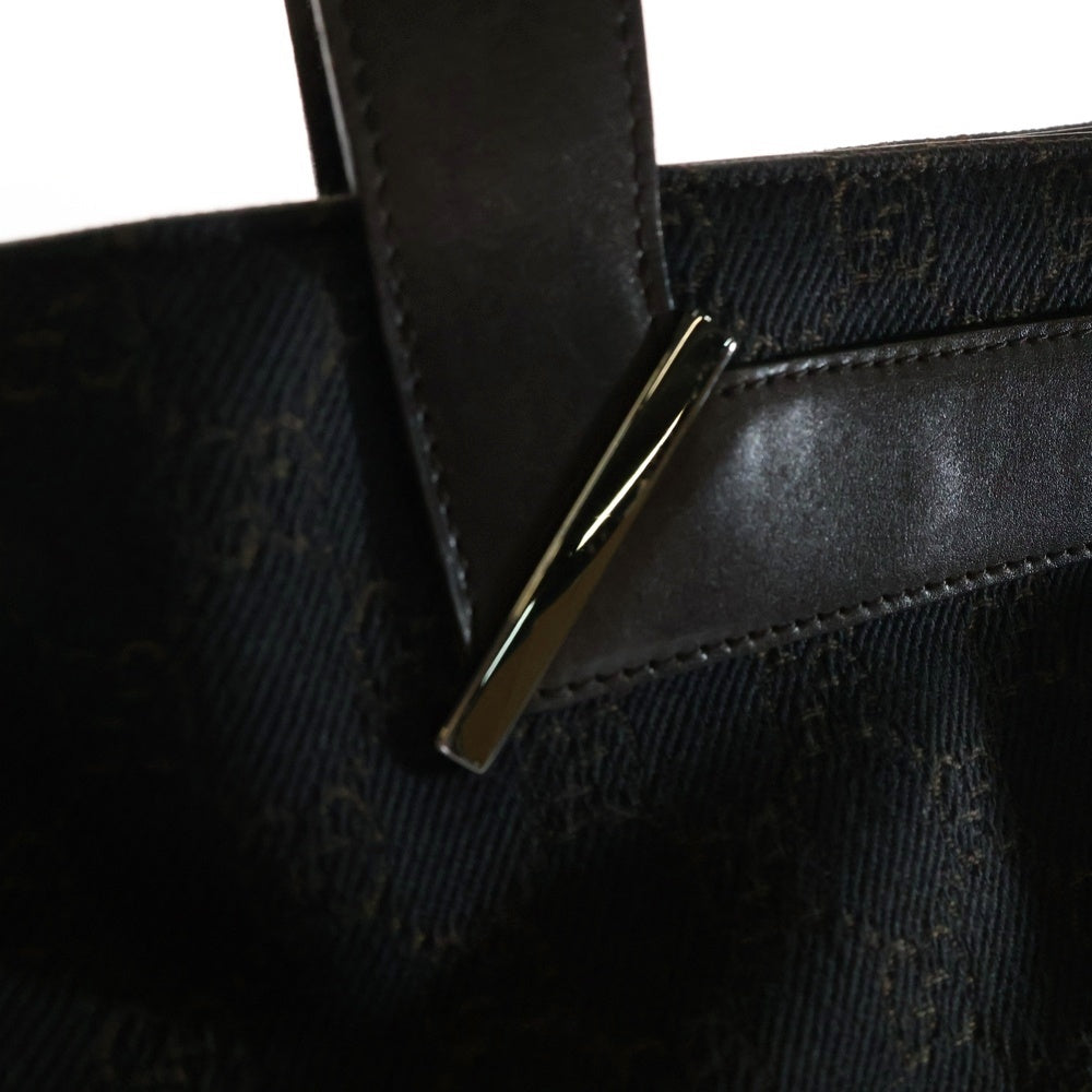 GUCCI(グッチ) GGキャンバス レザー ロゴプレート ハンド トートバッグ シルバー金具 ブラウン 73982