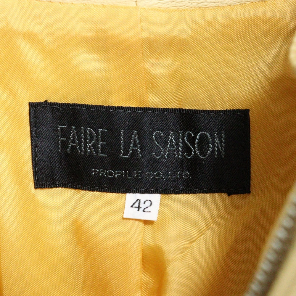 FAIRE LA SAISON(フェール ラ セゾン) ラムスキン レザー ノーカラー ジップアップ シングル ライダースジャケット イエロー レディース
