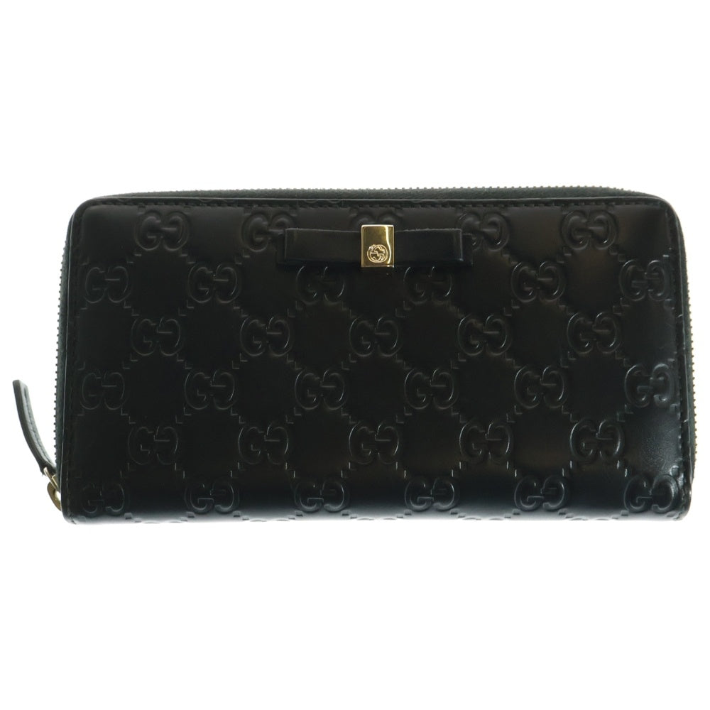 GUCCI(グッチ) グッチシマ インターロッキングG ロゴプレート リボン レザー ラウンドファスナー ロングウォレット 長財布 ゴールド金具 ブラック