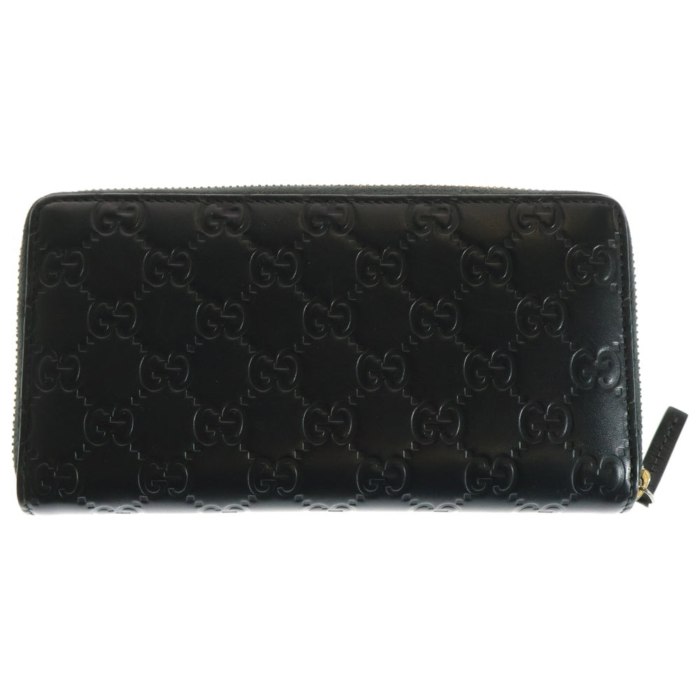 GUCCI(グッチ) グッチシマ インターロッキングG ロゴプレート リボン レザー ラウンドファスナー ロングウォレット 長財布 ゴールド金具 ブラック