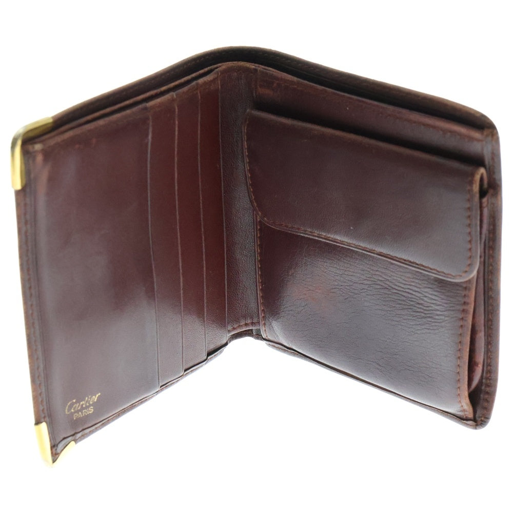 Cartier(カルティエ) マスト エンボスロゴ カーフレザー コンパクトウォレット 二つ折り財布 ゴールド金具 ボルドー 〇