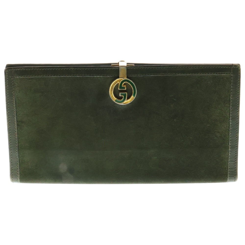 GUCCI(グッチ) オールド GGロゴプレート スウェード コンビレザー ロングウォレット 二つ折り長財布 ゴールド金具 グリーン