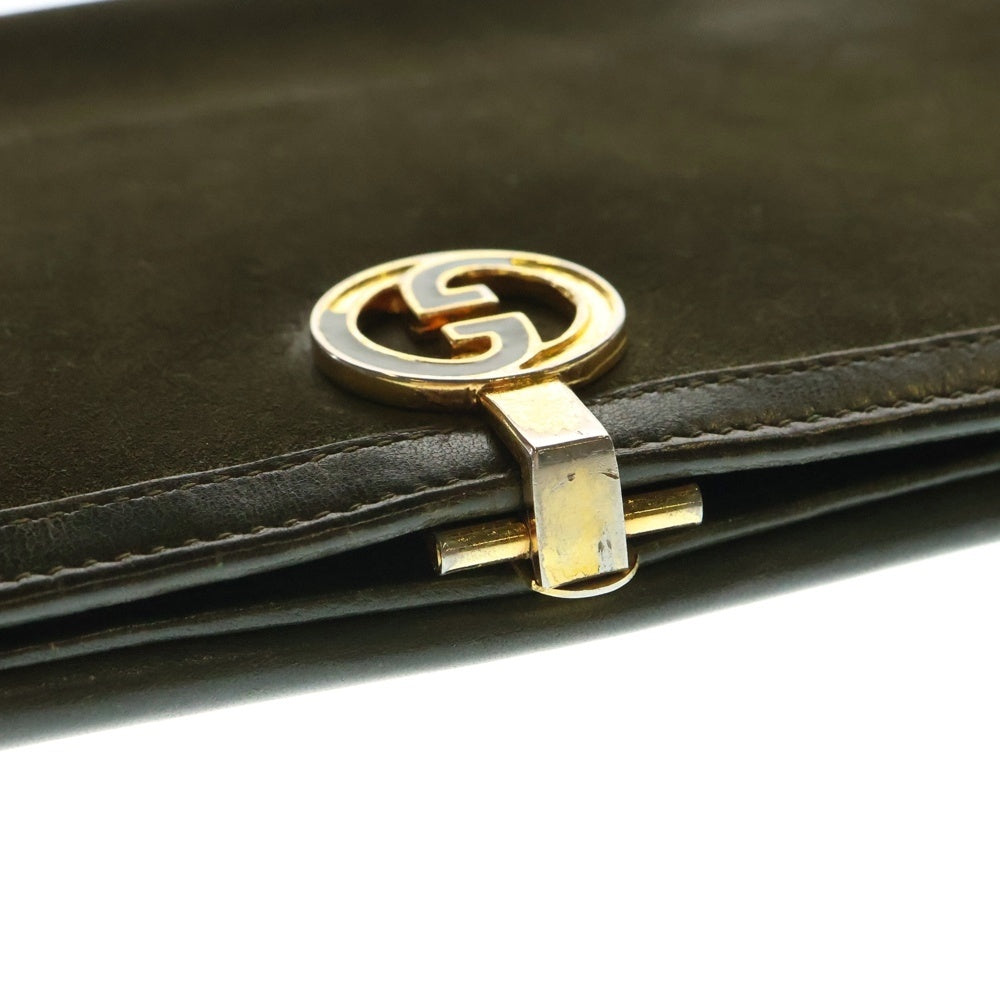 GUCCI(グッチ) オールド GGロゴプレート スウェード コンビレザー ロングウォレット 二つ折り長財布 ゴールド金具 グリーン