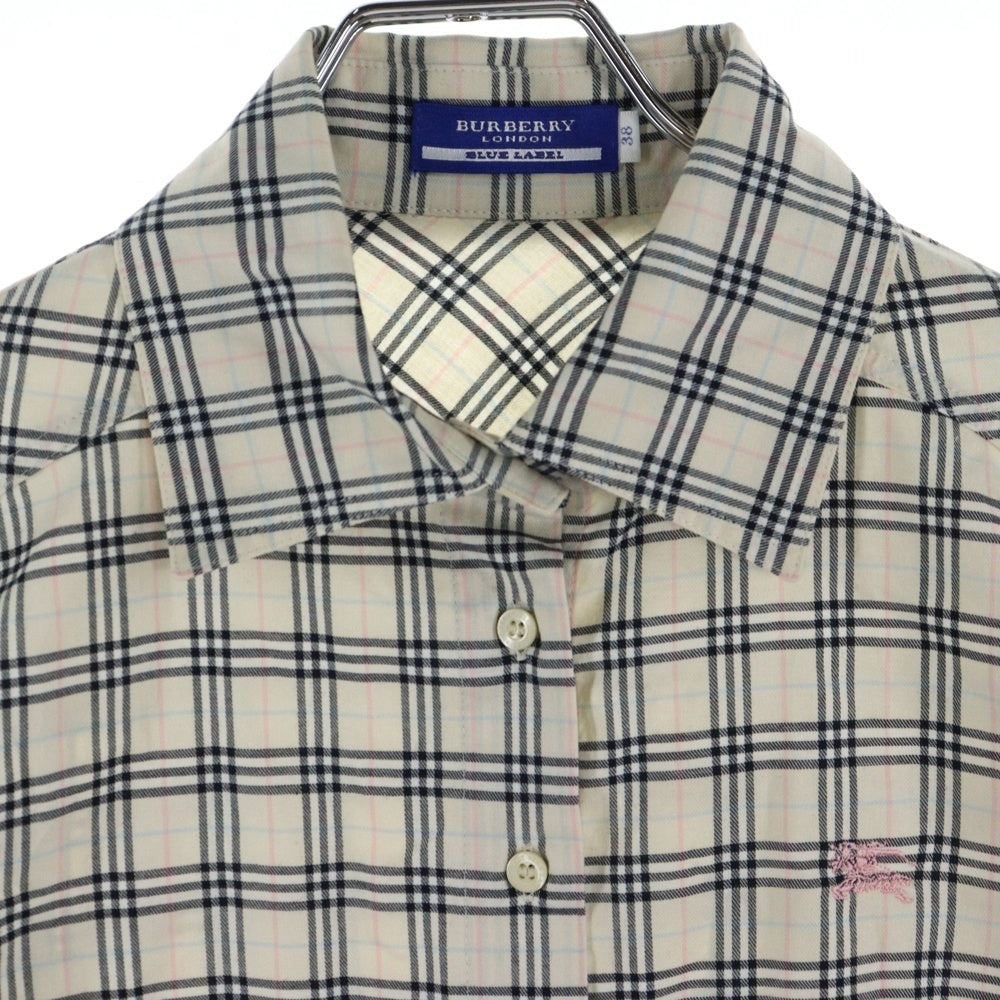 BURBERRY BLUE LABEL(バーバリーブルーレーベル) ノバチェック総柄 コットン ワンポイントロゴ刺繍 ロングスリーブ 長袖シャツ アイボリー