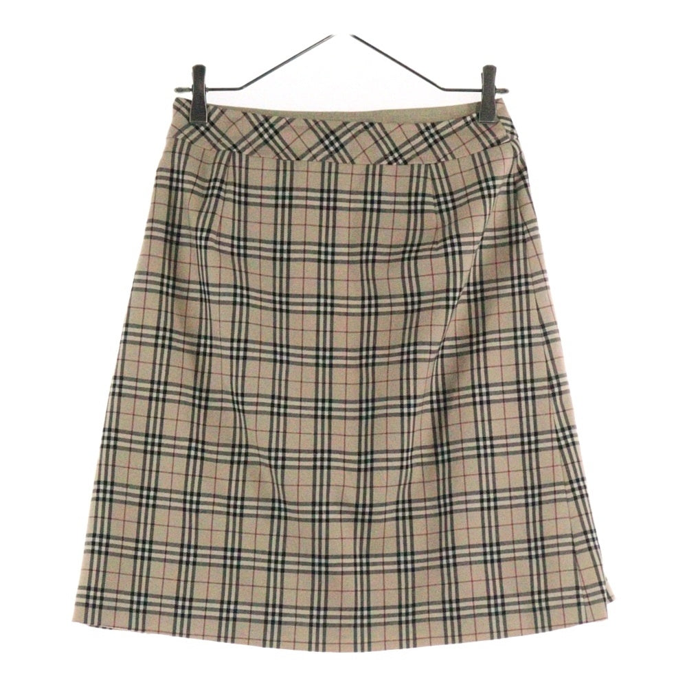 BURBERRY BLUE LABEL(バーバリーブルーレーベル) ノバチェック総柄 ウール レザーパッチ フレア ミディアム スカート ベージュ レディース