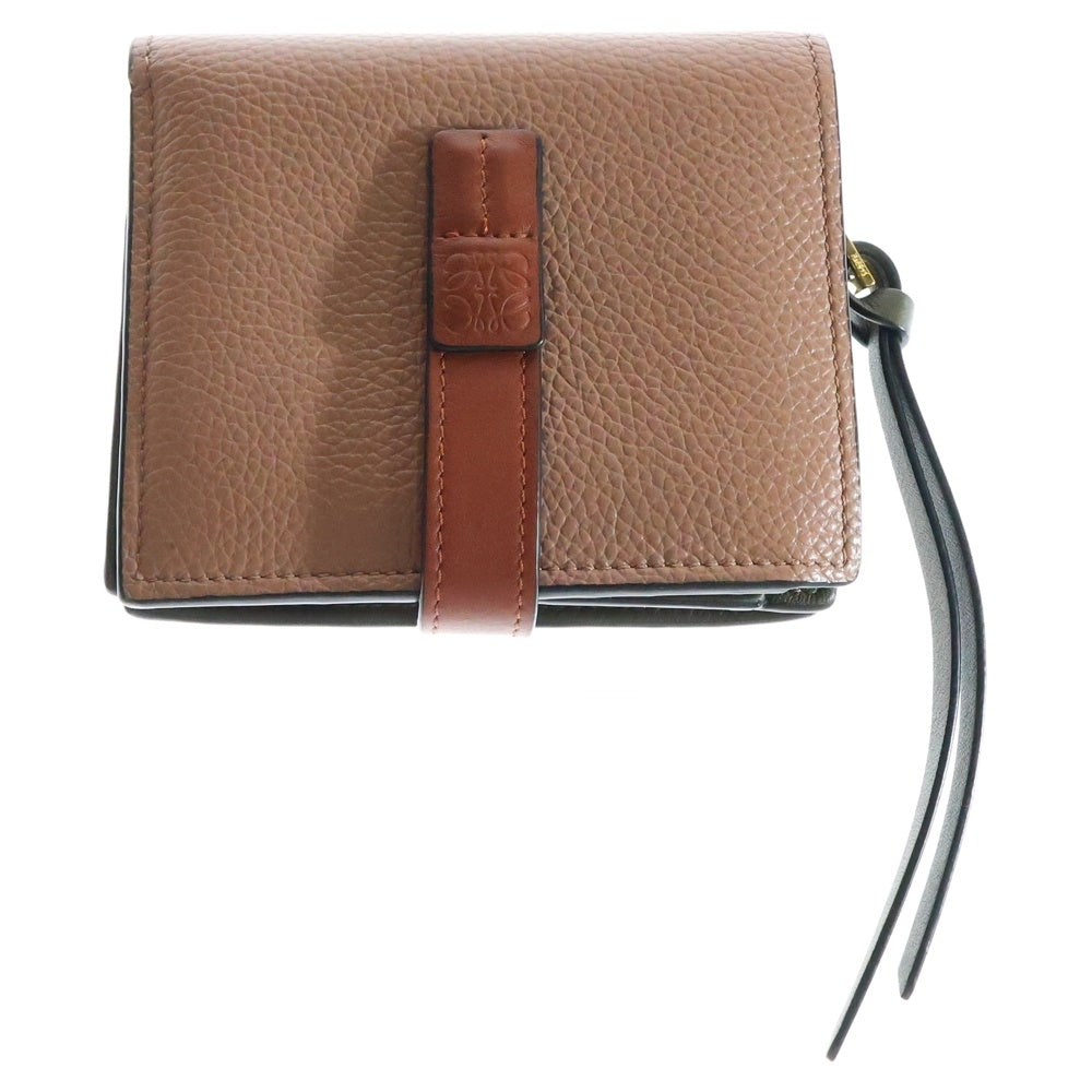 LOEWE(ロエベ) アナグラム コンパクトウォレット 三つ折り財布 コインケース ピンクベージュ×カーキ ゴールド金具 レザー