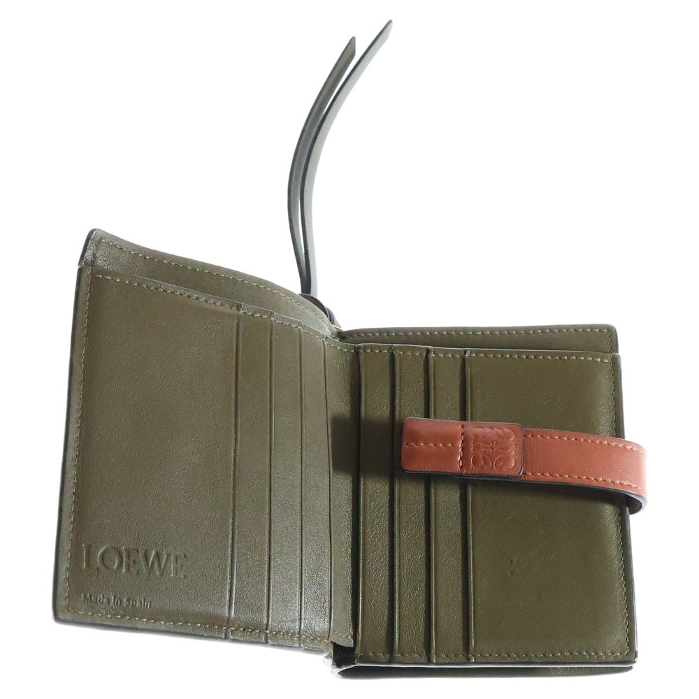 LOEWE(ロエベ) アナグラム コンパクトウォレット 三つ折り財布 コインケース ピンクベージュ×カーキ ゴールド金具 レザー