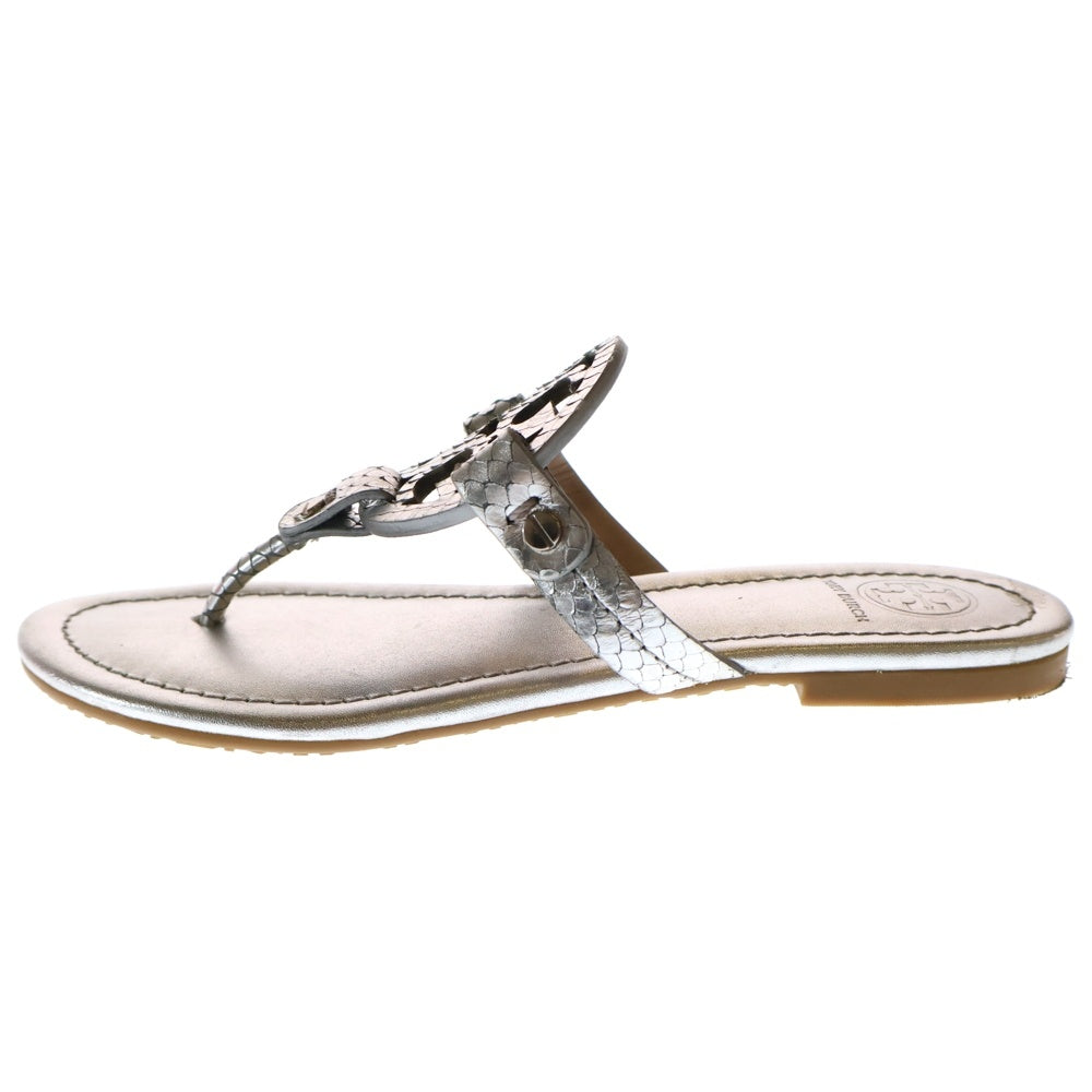 TORY BURCH(トリー バーチ) ロゴ レザー パイソン フラットサンダル シルバー レディース 〇