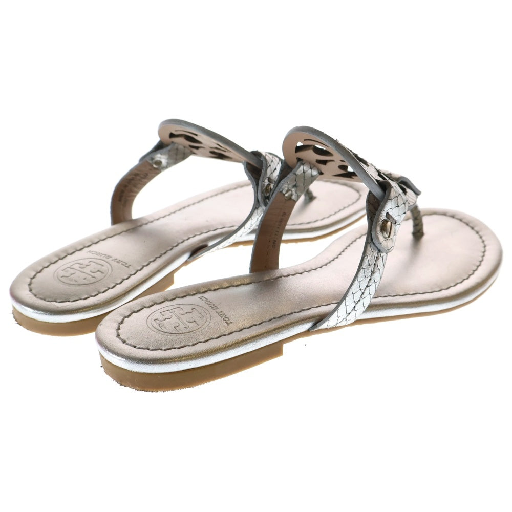 TORY BURCH(トリー バーチ) ロゴ レザー パイソン フラットサンダル シルバー レディース 〇
