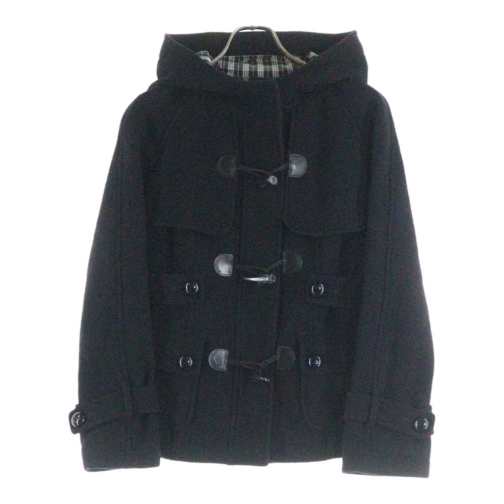 BURBERRY(バーバリー) 裏地チェック柄 フーデッド トグルボタン メルトンウール ダッフルジャケット ショートコート ブラック レディース