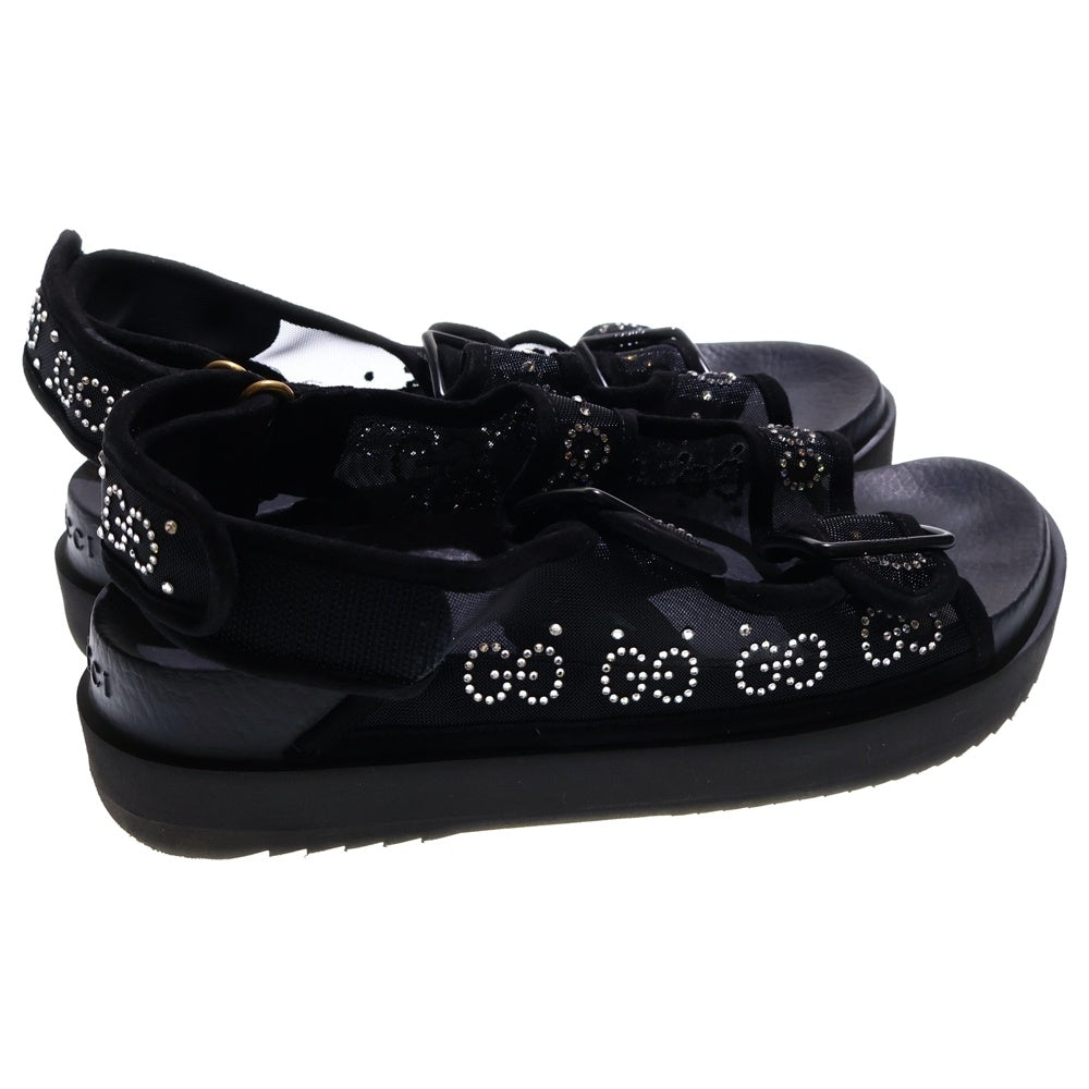 GUCCI(グッチ) GG ラインストーン ロゴ メッシュ ナイロン ベルクロ ベルトデザイン フラットサンダル シューズ ブラック レディース