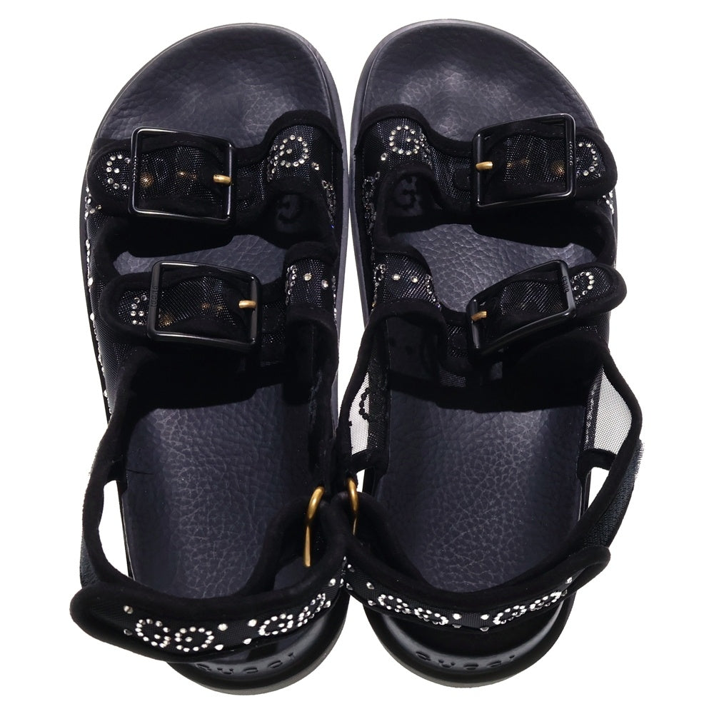 GUCCI(グッチ) GG ラインストーン ロゴ メッシュ ナイロン ベルクロ ベルトデザイン フラットサンダル シューズ ブラック レディース
