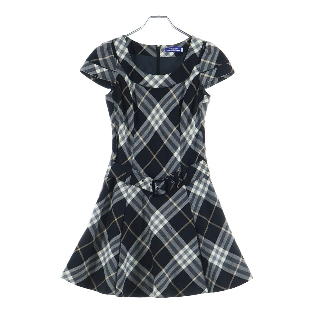 BURBERRY BLUE LABEL(バーバリーブルーレーベル) バーバリーチェック ベルト付ウールノースリーブワンピース ブラック/ベージュ レディース