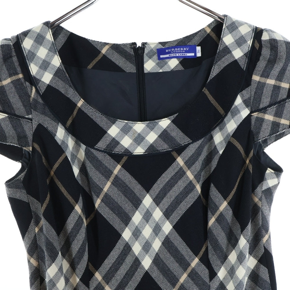 BURBERRY BLUE LABEL(バーバリーブルーレーベル) バーバリーチェック ベルト付ウールノースリーブワンピース ブラック/ベージュ レディース