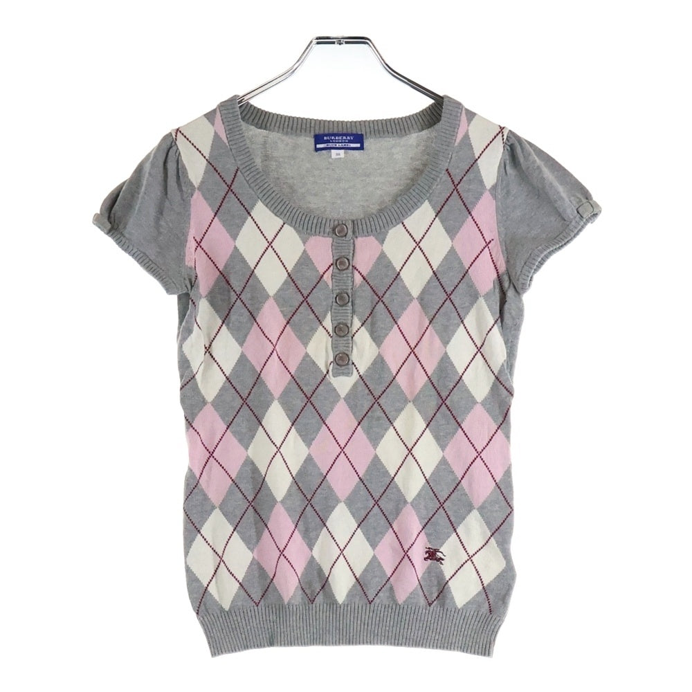BURBERRY BLUE LABEL(バーバリーブルーレーベル) アーガイル柄 ヘンリーネック半袖ニット セーター グレー/ピンク レディース