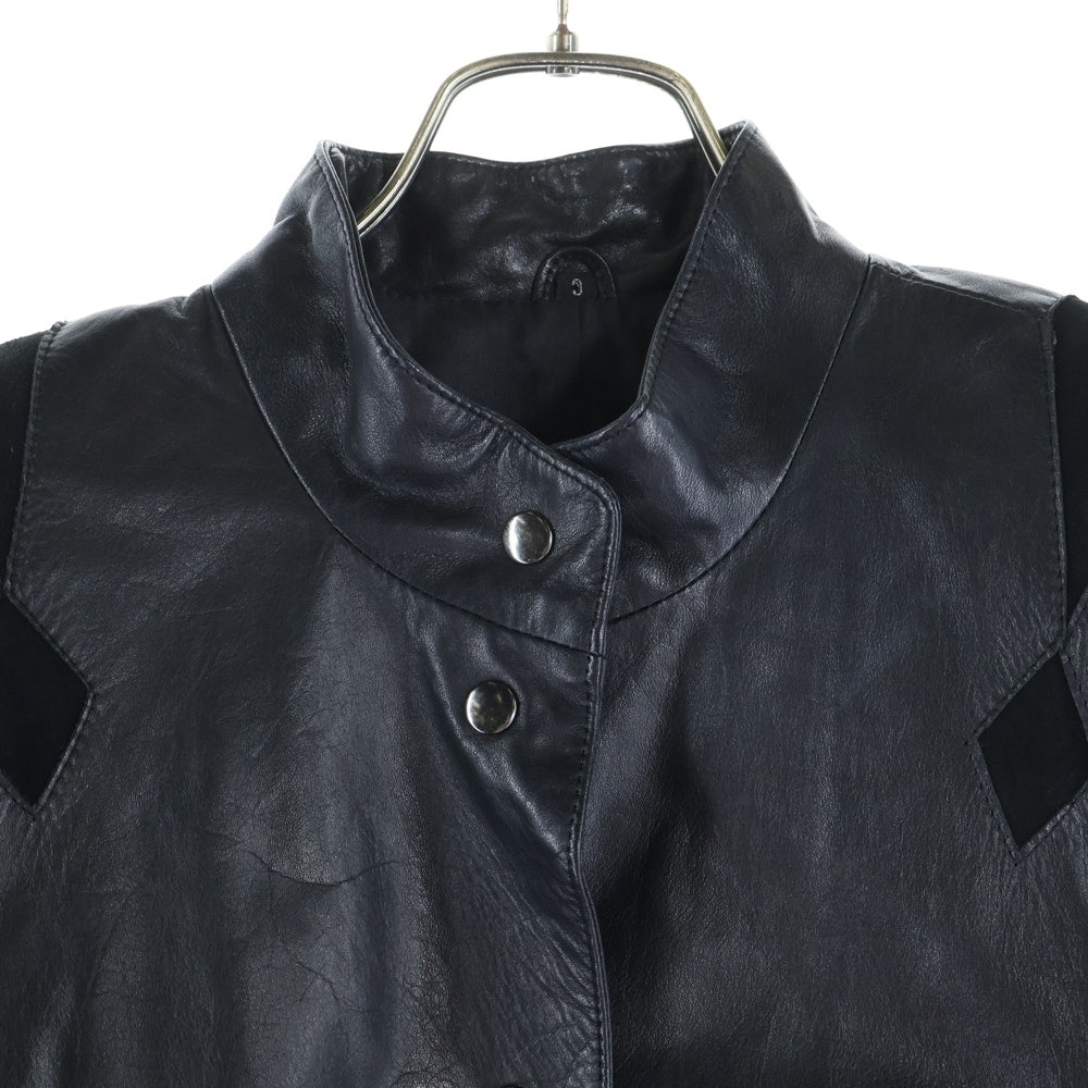 NO BRAND(ノーブランド) スエード切替ギャザースリーブ スタンドカラーレザージャケット ブラック レディース