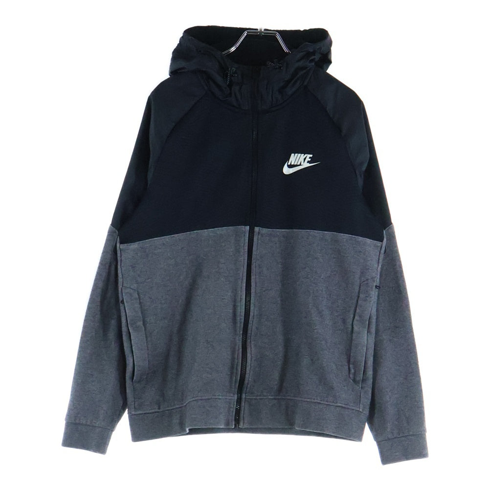NIKE(ナイキ) ロゴプリント ナイロン切り替え ジップアップスウェットパーカー フーディー ブラック/グレー
