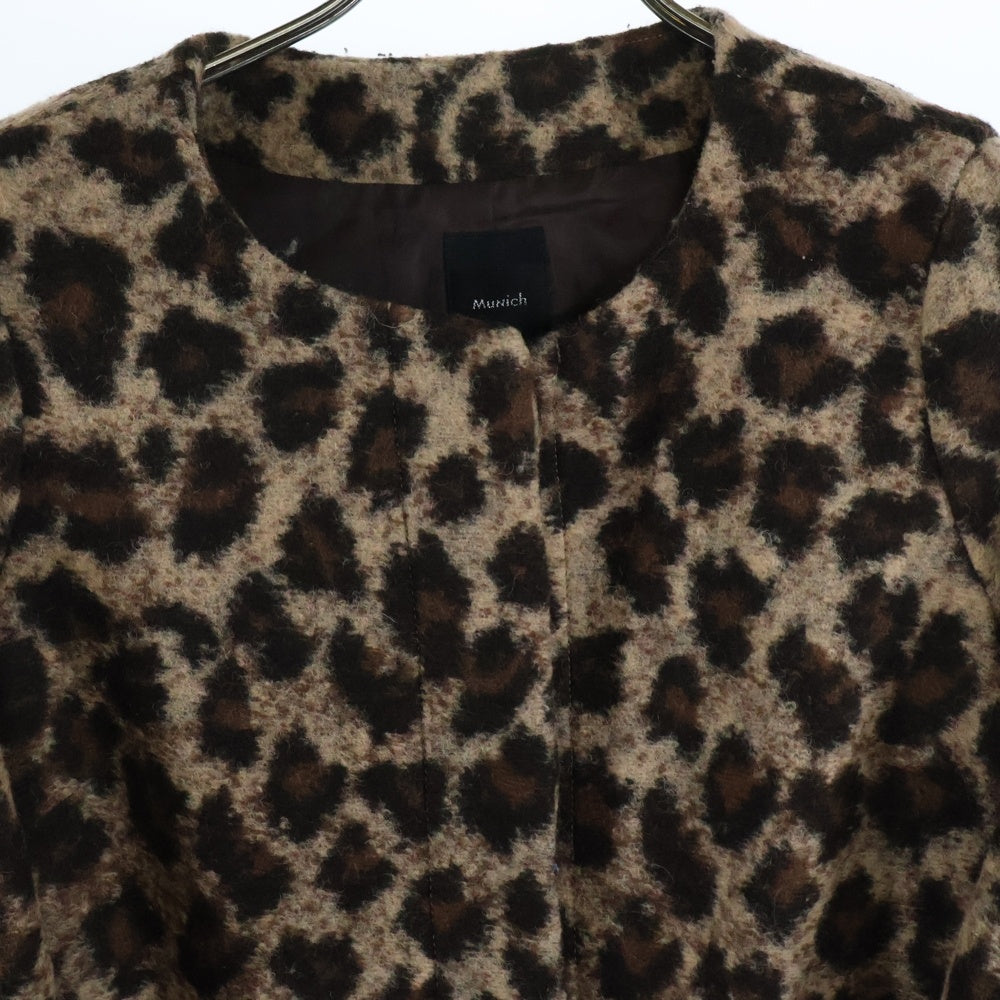 NO BRAND(ノーブランド) レオパード総柄 ウール ノーカラー ハーフスリーブ 五分袖 ジャケット ブラウン レディース