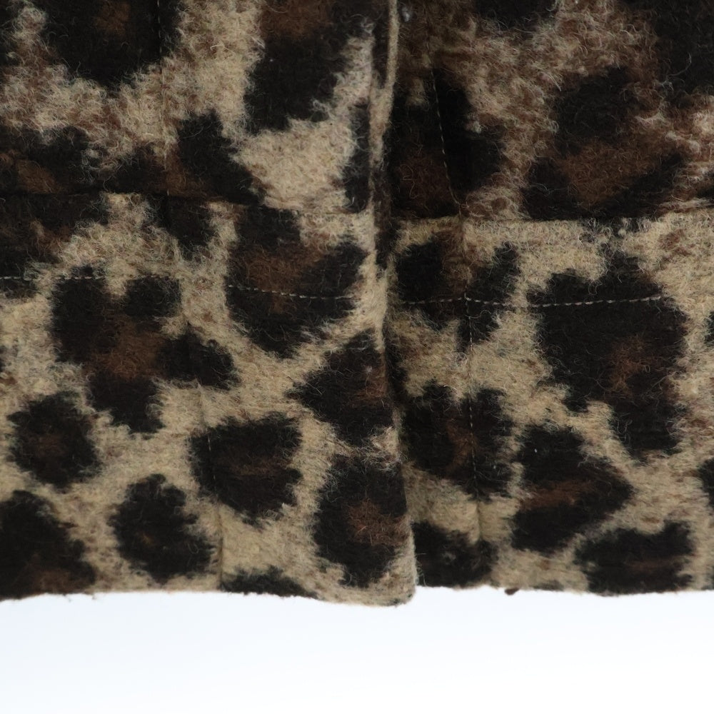 NO BRAND(ノーブランド) レオパード総柄 ウール ノーカラー ハーフスリーブ 五分袖 ジャケット ブラウン レディース