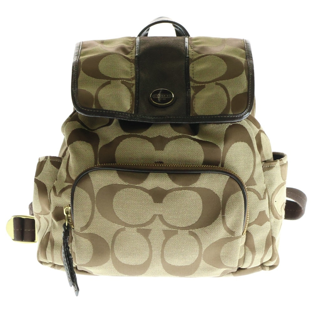 COACH(コーチ) シグネチャー キャンバス レザー ロゴプレート バックパック リュックサック ゴールド金具 ベージュ/ブラウン